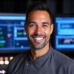 Portrait de Marc Dubois, Chef Technicien de geliosmakde, souriant devant des équipements de studio broadcast