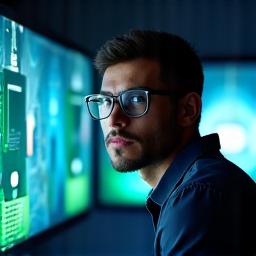 Portrait de David Gauthier, Spécialiste VFX de geliosmakde, devant des écrans de post-production