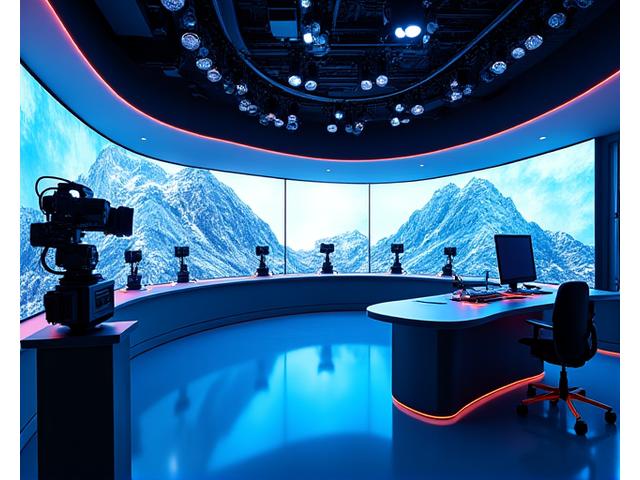 Vue panoramique d'un studio broadcast moderne de geliosmakde avec des caméras et un mur vidéo LED