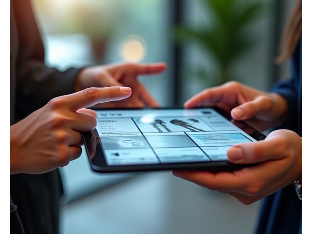 Mains de professionnels collaborant autour d'une tablette, symbolisant le partenariat client
