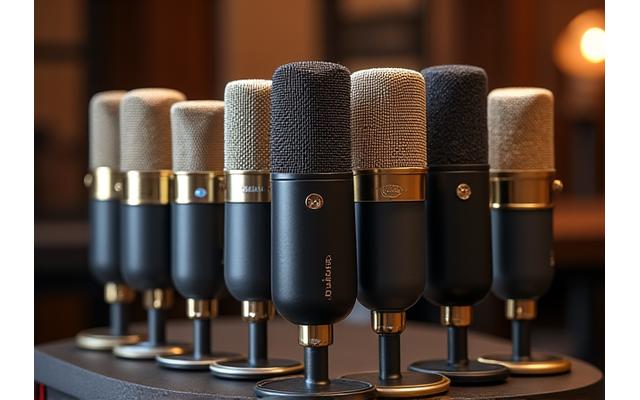 Collection de microphones professionnels vintage et modernes sur un support élégant