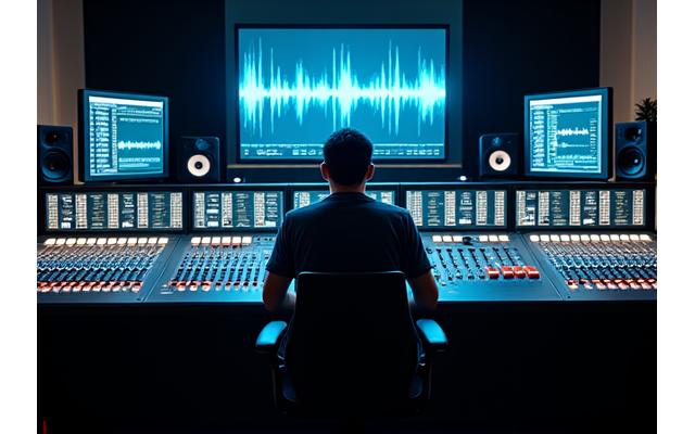 Ingénieur du son travaillant sur une console de mixage grand format avec de multiples faders et écrans de monitoring