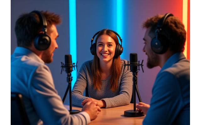 Trois personnes enregistrant un podcast dans un studio moderne avec microphones et casques
