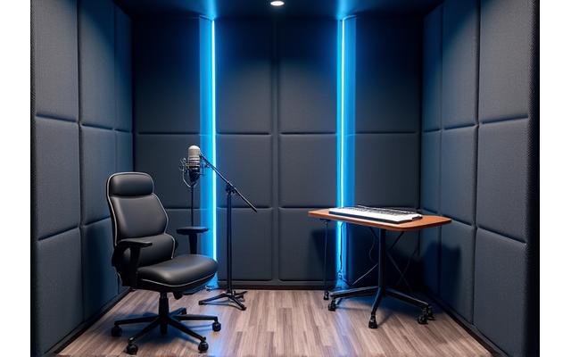 Intérieur d'une cabine d'enregistrement acoustiquement traitée avec microphone professionnel