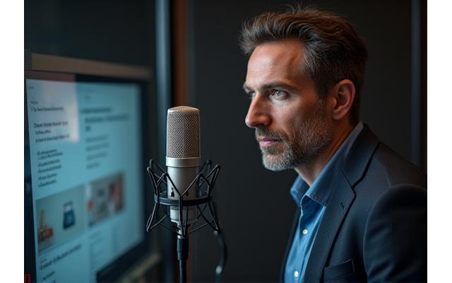 Professionnel enregistrant une voix-off dans une cabine, écran en face