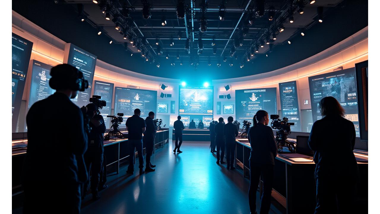 Vue dynamique d'un studio de production moderne avec éclairages et caméras, représentant l'effervescence créative chez geliosmakde.