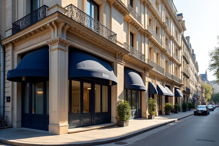 Vue extérieure élégante de l'immeuble de geliosmakde sur le Faubourg Saint-Honoré à Paris, sous un ciel bleu.