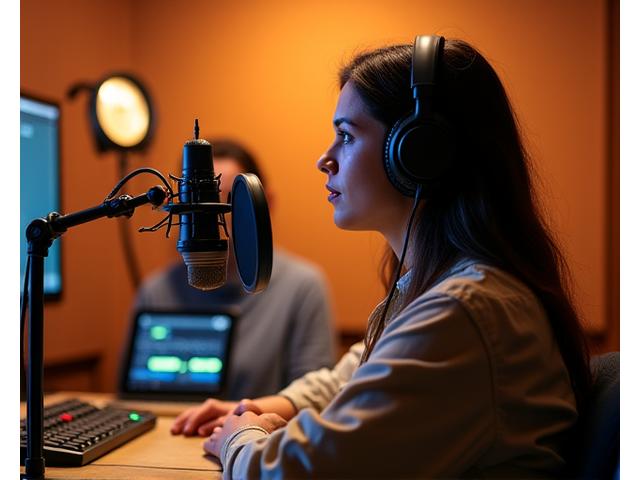 Un animateur enregistrant un podcast dans une cabine insonorisée avec microphone de studio.