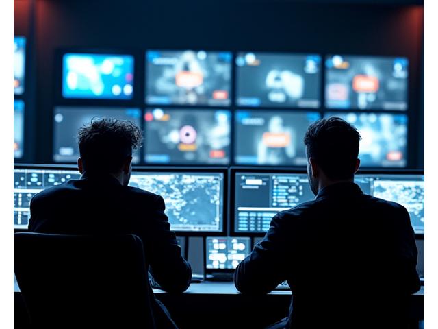 Équipe technique concentrée devant un mur d'écrans de contrôle pour un événement live streaming.