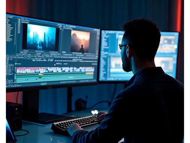 Un monteur vidéo travaillant dans une suite de post-production haut de gamme avec plusieurs écrans.