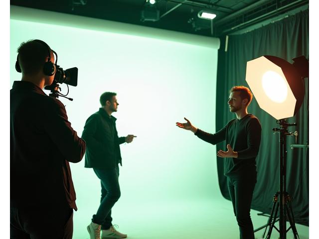Un réalisateur donnant des instructions sur un plateau de tournage vidéo avec acteurs et décor.