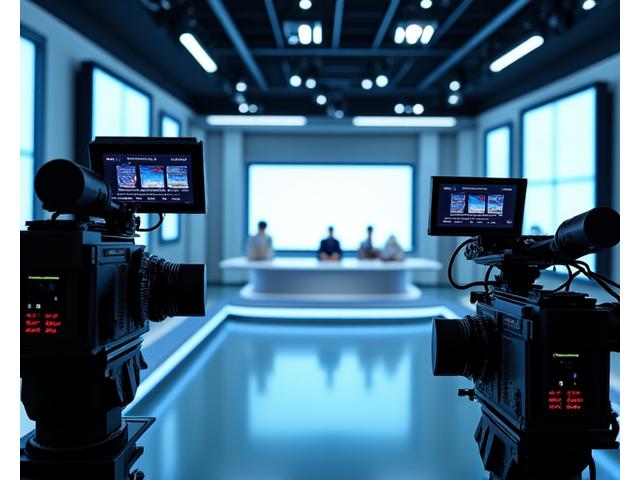 Intérieur d'un studio TV broadcast professionnel avec plusieurs caméras, écrans de contrôle et plateaux éclairés.