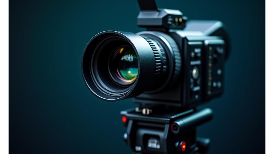 Gros plan sur une caméra broadcast 4K de dernière génération sur un trépied de studio.