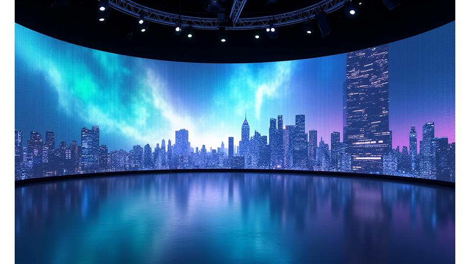 Vue d'un mur LED de studio affichant un paysage urbain dynamique, reflétant sur le sol brillant.