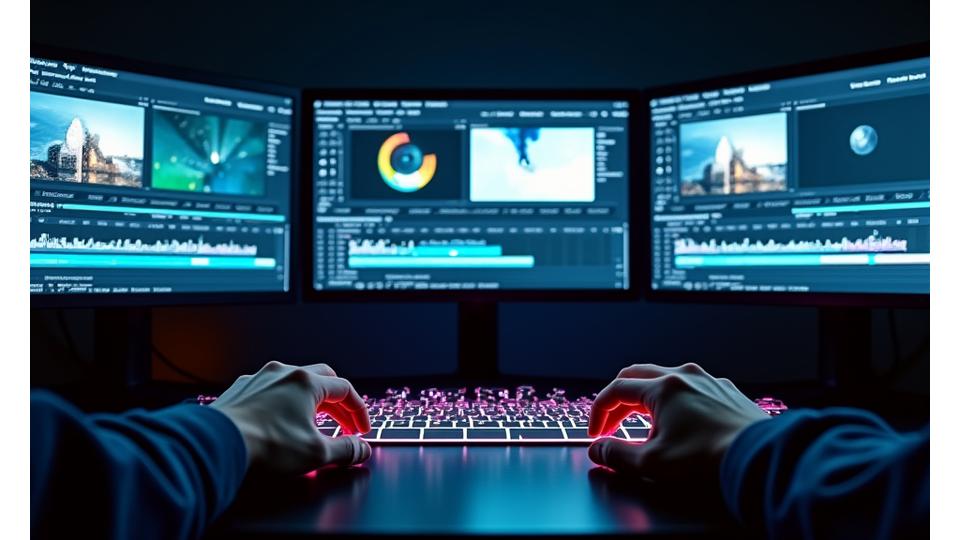 Un professionnel de la post-production concentré devant trois écrans d'un système d'étalonnage avancé.