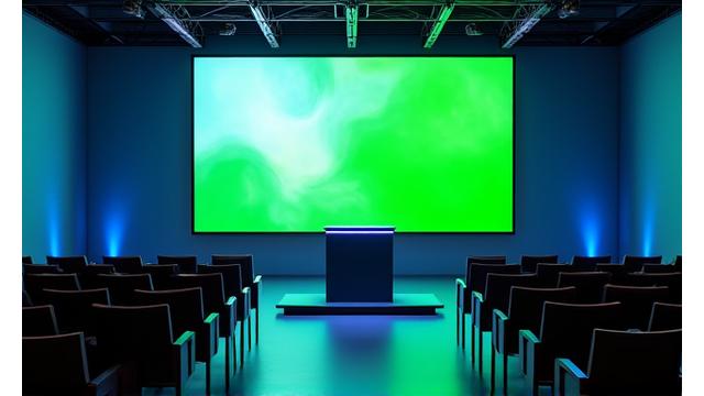 Un studio modulable prêt pour une présentation corporate, avec un grand écran de projection, un podium et des rangées de sièges vides, attendant les participants. Le design est moderne et fonctionnel.