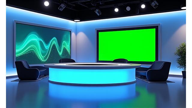 Un plateau de journal télévisé avec un pupitre, un écran LED en arrière-plan affichant des graphiques d'actualité et des sièges pour les présentateurs. L'ambiance est épurée et professionnelle.