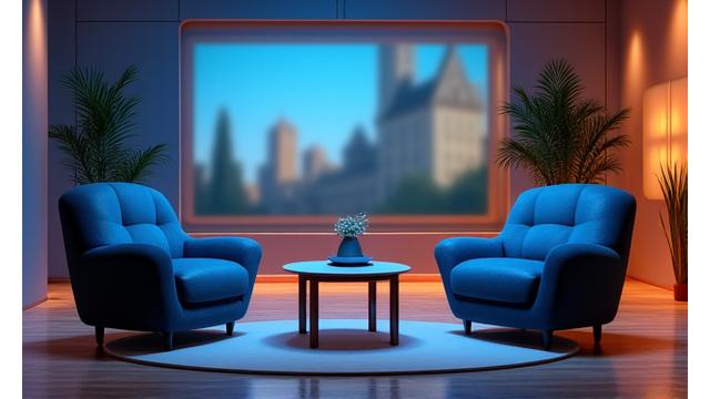 Un studio de talk-show chaleureux avec des canapés confortables, une table basse, et un éclairage d'ambiance. Les caméras sont positionnées intelligemment pour capturer les interactions.