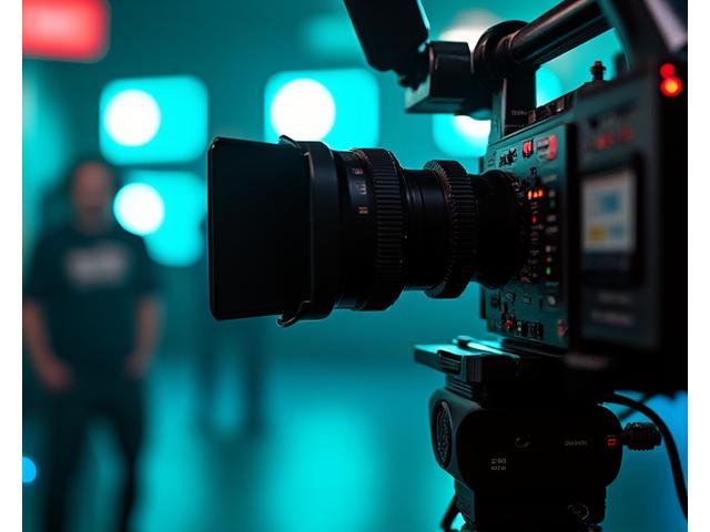 Gros plan sur une caméra broadcast haut de gamme sur un trépied, éclairée par des lumières studio, prête à tourner. L'objectif est clairement visible, symbolisant la haute définition.