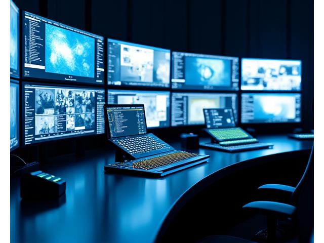 Image d'une régie technique de studio TV moderne, avec de multiples écrans de contrôle affichant des flux vidéo, une console de mixage vidéo et des pupitres de commande. L'atmosphère est professionnelle et concentrée.