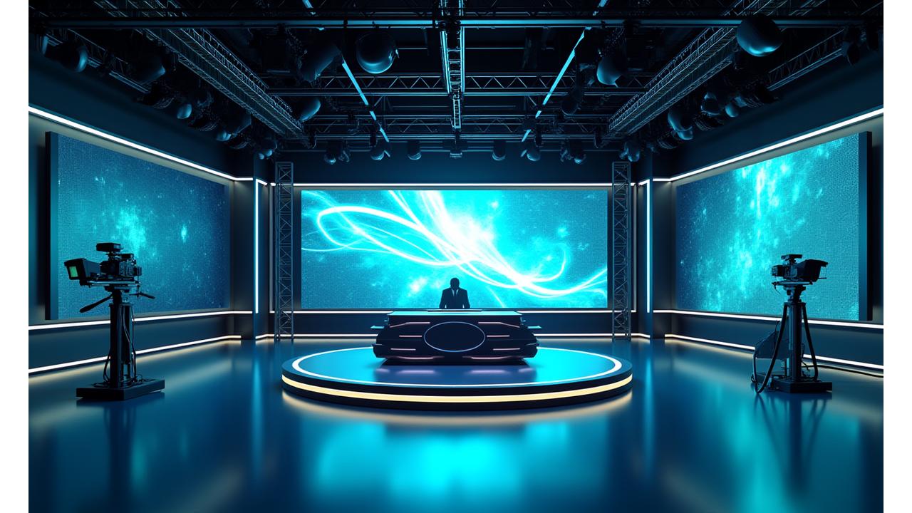 Intérieur d'un studio TV professionnel moderne avec éclairage LED, une table de talk-show et plusieurs caméras broadcast. L'image est dynamique et met en avant l'équipement de haute technologie.
