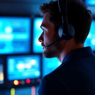 Un opérateur technique concentré derrière une console de mixage vidéo complexe, avec un casque audio et des moniteurs éclairant son visage. Il est en pleine action, symbolisant le contrôle et l'expertise.