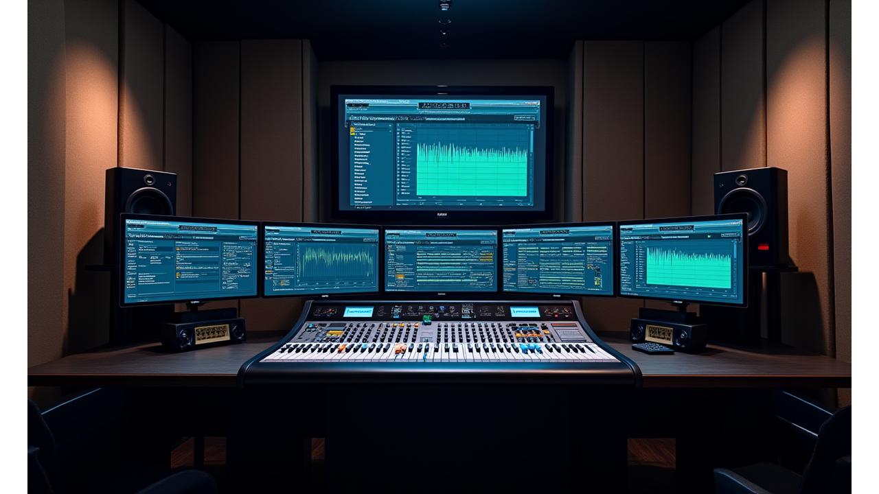 Console de mixage audio professionnelle avec des écrans de monitoring et un ingénieur du son en arrière-plan