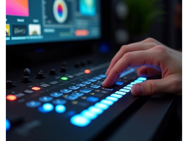 Gros plan sur un panneau de contrôle DaVinci Resolve avec un écran affichant une palette de couleurs, symbolisant l'étalonnage HDR