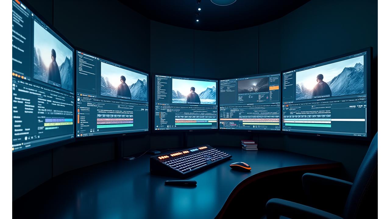 Intérieur d'une suite de montage vidéo professionnelle chez geliosmakde à Paris avec de multiples écrans et un panneau de contrôle