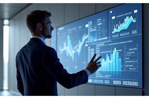 Animateur présentant devant un mur LED affichant des graphiques et des visualisations de données complexes pour un événement corporate