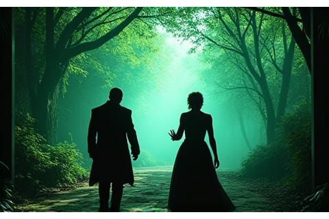 Scène de film fantastique tourné dans un studio de production virtuelle, avec des acteurs réagissant à un environnement LED forestier dynamique
