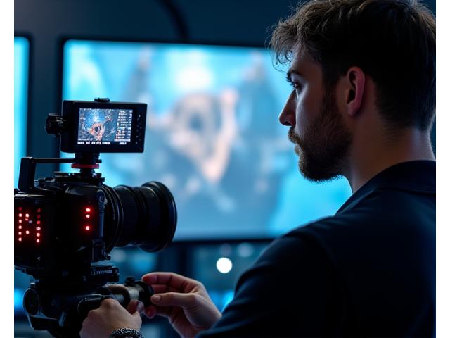 Opérateur ajustant un système de motion tracking sur une caméra de cinéma, avec l'écran de monitoring affichant l'intégration en temps réel d'un environnement 3D