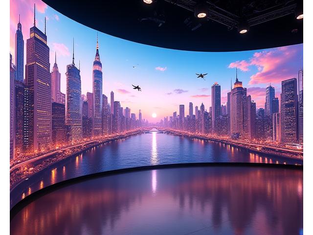 Écran géant de mur LED affichant un paysage urbain futuriste en 3D généré par Unreal Engine, avec des éléments interactifs