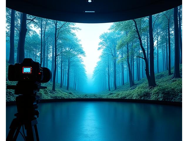 Studio de production virtuelle avec mur LED 270 degrés affichant un environnement forestier réaliste, une caméra de cinéma en premier plan