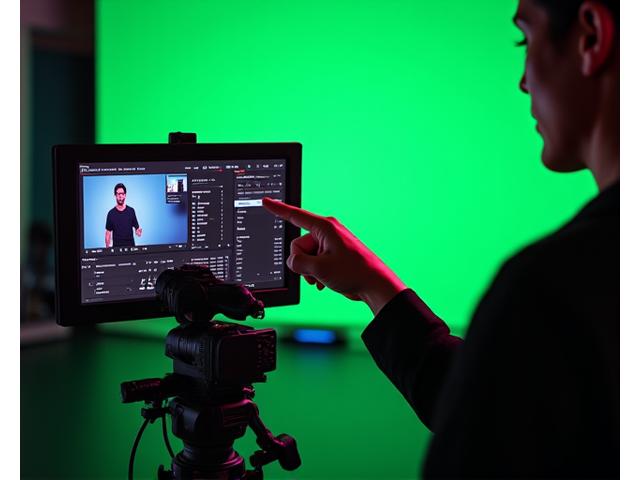 Un technicien expert ajuste les paramètres d'une caméra professionnelle sur un plateau fond vert, observant un moniteur affichant une incrustation vidéo en temps réel avec un fond virtuel appliqué. L'ambiance est technique et concentrée.