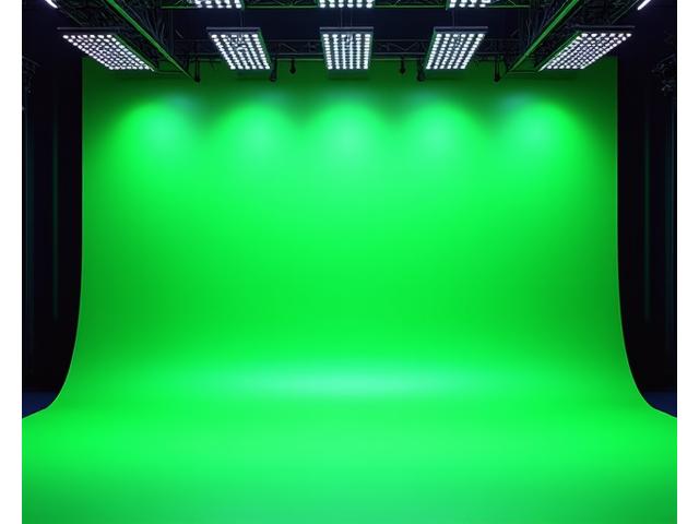 Cyclorama fond vert de 15m x 12m avec sol courbe et murs lisses, éclairé uniformément par un grill d'éclairage sophistiqué, sans aucune ombre.