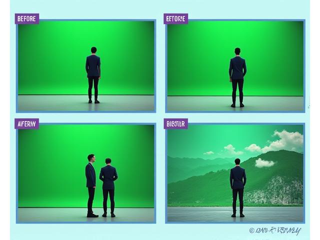 Une série d'images côte à côte ou d'un slider 'avant-après' montrant un plateau fond vert nu se transformant en une scène virtuelle spectaculaire et réaliste grâce aux effets VFX. Les exemples incluent des publicités, des clips musicaux et des émissions de télévision.
