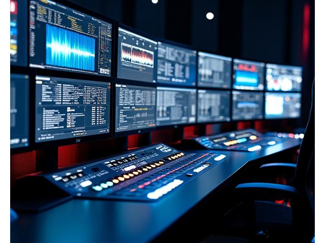 Divers équipements techniques de haute performance agencés sur une console de contrôle : caméras broadcast, moniteurs de référence calibrés, mélangeur vidéo, et systèmes de tracking. L'environnement est organisé et professionnel.