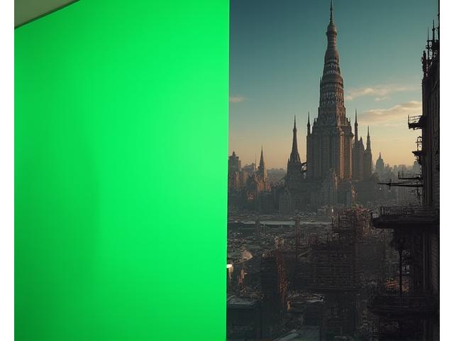 Un artiste VFX travaille sur une station de travail multi-écrans, un écran montrant une image avant compositing d'un acteur sur fond vert et l'autre écran montrant le même acteur incrusté dans un environnement futuriste très détaillé.