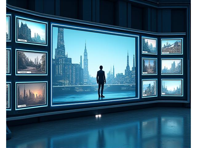 Interface d'un logiciel de production virtuelle affichant une bibliothèque variée de décors virtuels réalistes, comme des plateaux de télévision futuristes, des paysages urbains et des arènes sportives. Un écran de prévisualisation montre un décor virtuel appliqué sur une image d'incrustation.