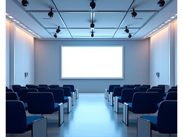 Vue d'ensemble d'un studio de formation corporate modulable avec sièges et écran géant