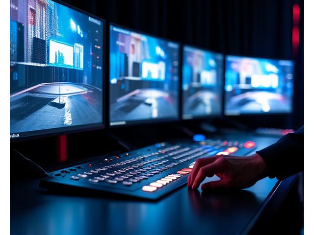 Console de régie vidéo avec plusieurs écrans affichant différents angles de caméra
