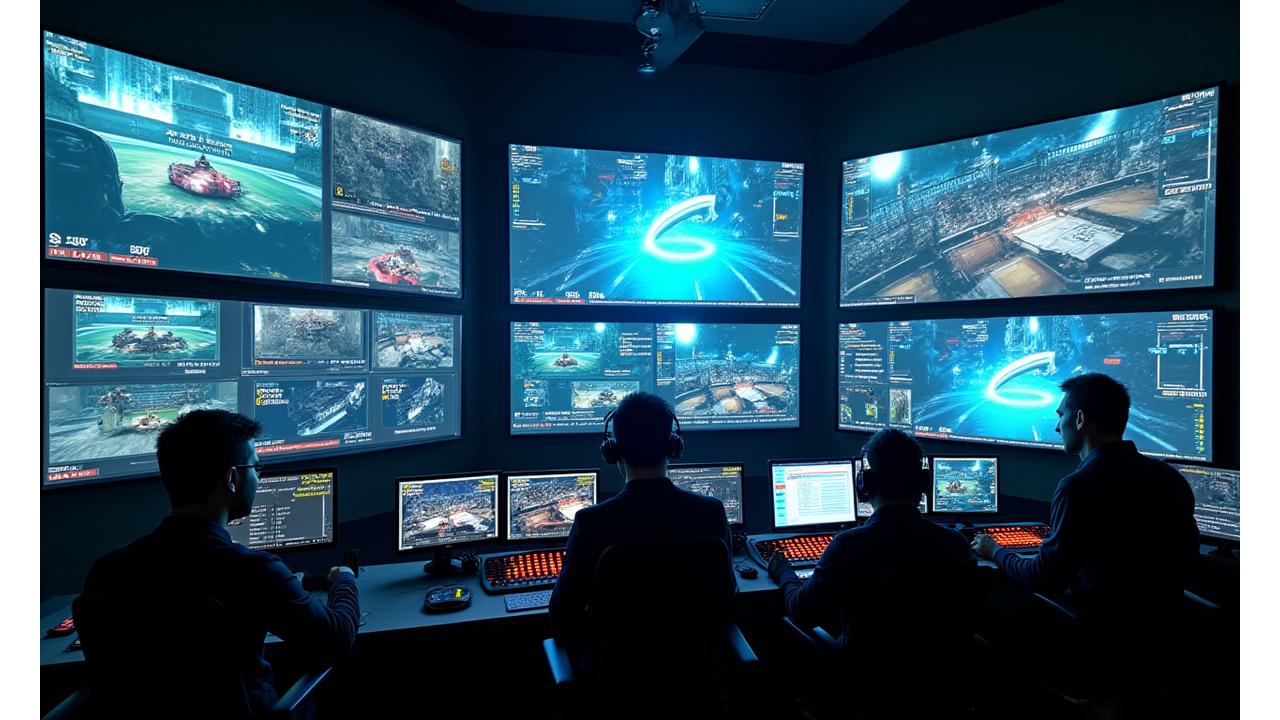 Une régie de diffusion de tournoi eSport avec plusieurs écrans de monitoring, mixeur vidéo et opérateurs concentrés.