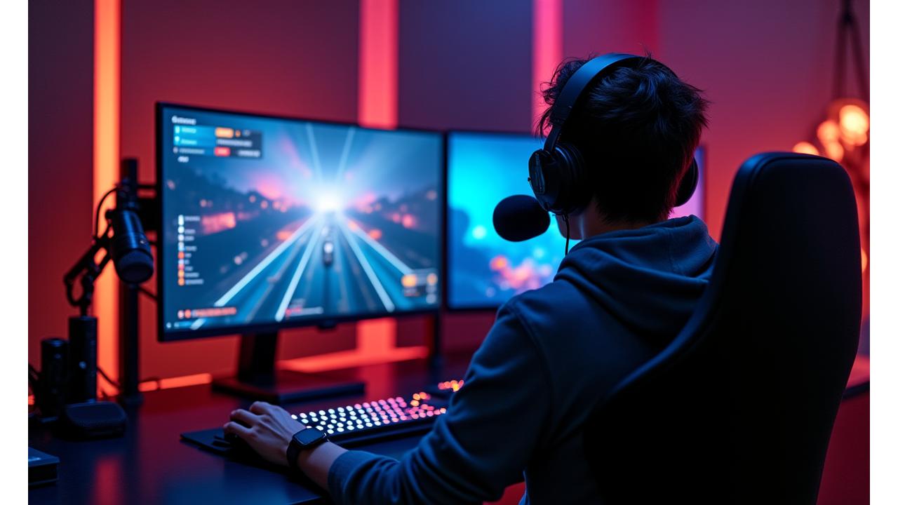 Un influenceur gaming ou un créateur de contenu en action dans un studio dédié, avec caméra, microphone et écrans de streaming.