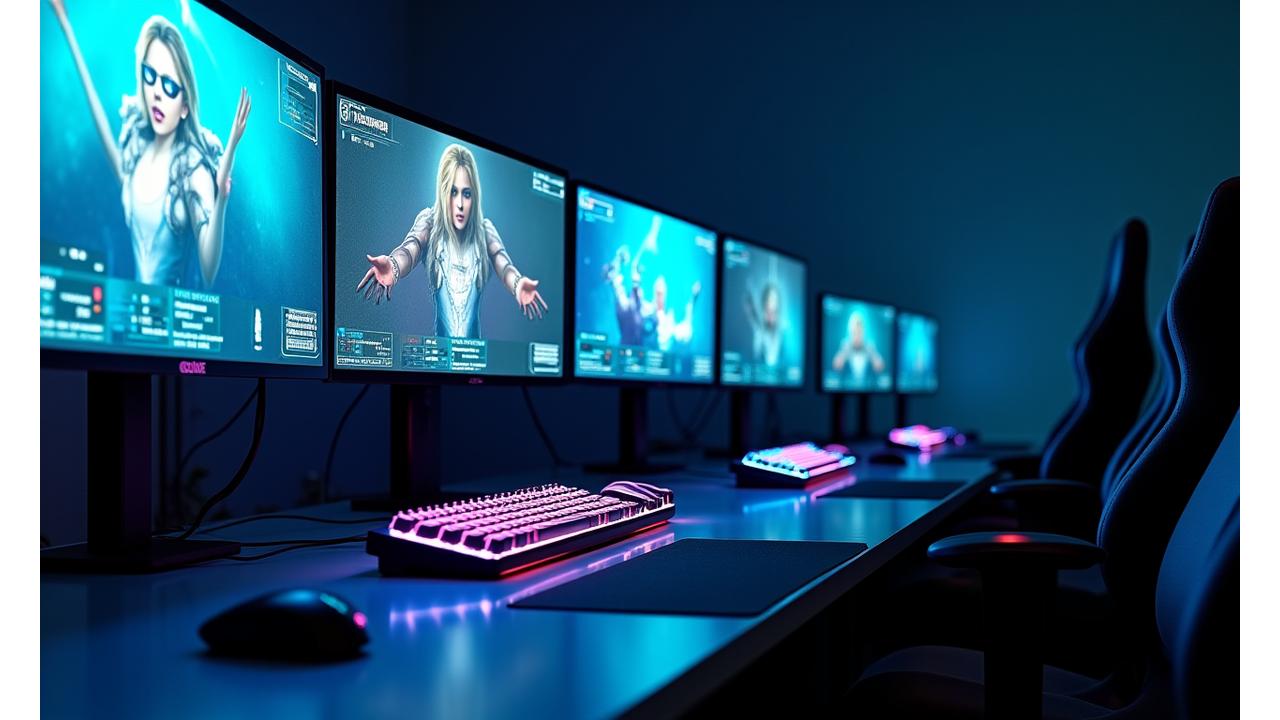 Des stations de gaming avancées dans un studio eSport, avec écrans ultrawide, claviers rétroéclairés et systèmes de communication intégrés.
