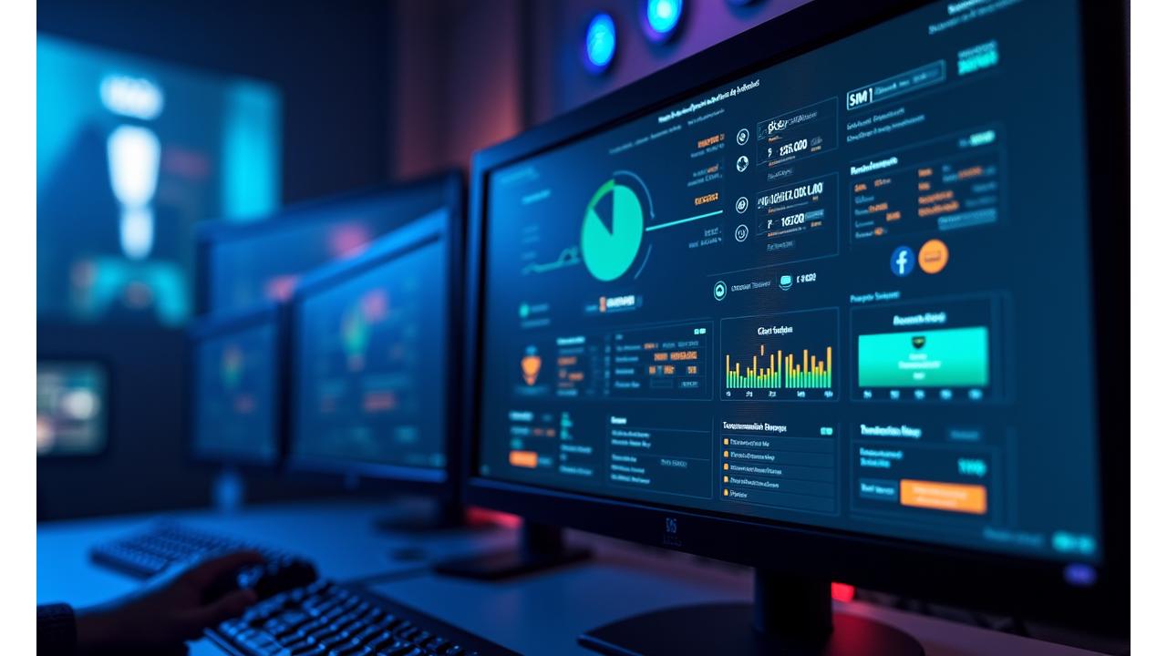Un tableau de bord de streaming affichant des métriques en direct, des overlays personnalisés et des flux sur diverses plateformes comme Twitch et YouTube.