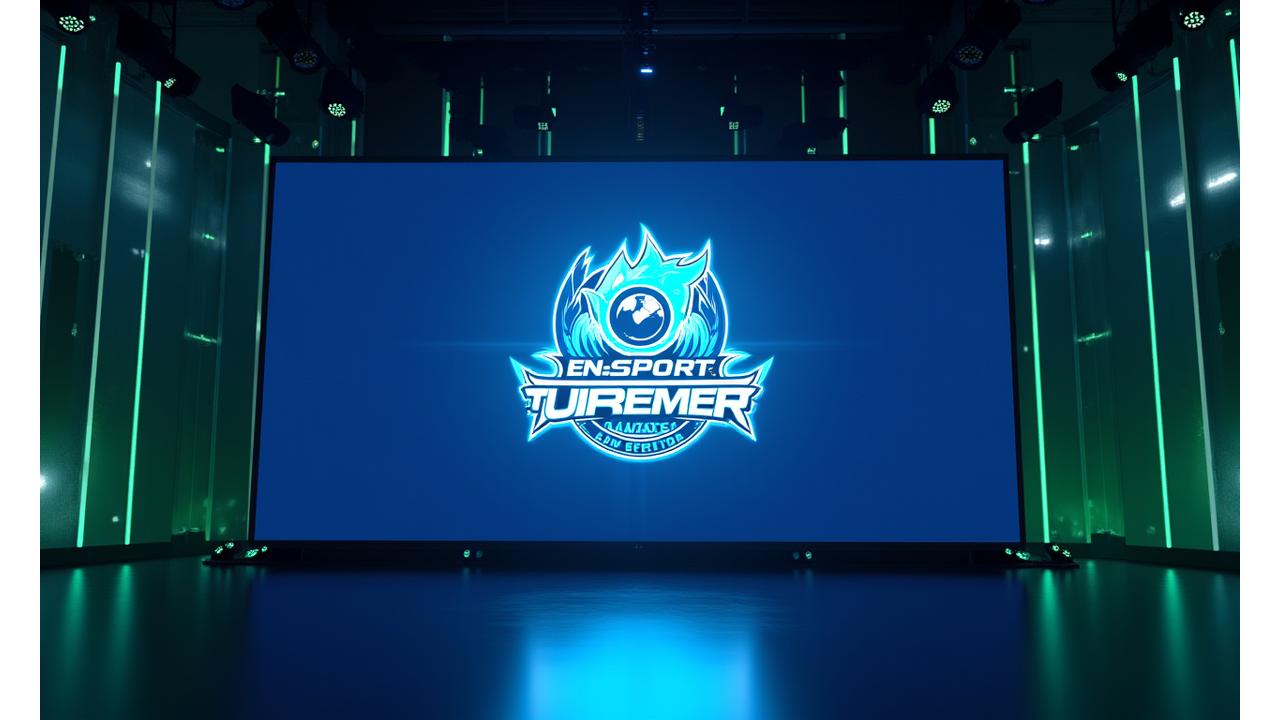 Un écran géant affichant le logo d'un tournoi eSport avec des éléments de branding dynamiques, dans un décor de studio moderne.