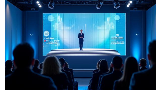 Image d'une conférence d'entreprise diffusée en direct dans un studio geliosmakde, avec des graphiques d'audience et des commentaires en temps réel.