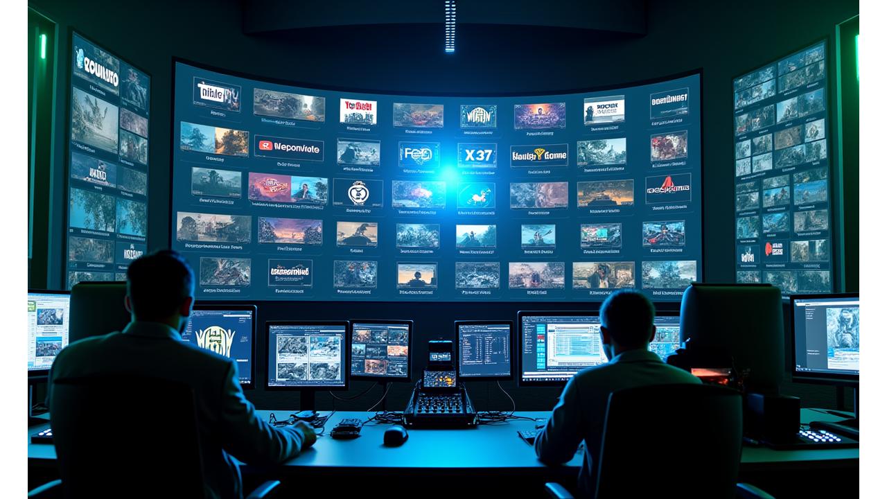 Démonstration en direct d'un studio de streaming professionnel par geliosmakde, avec des écrans affichant des flux vidéo simultanés sur différentes plateformes comme YouTube, Twitch et Facebook.