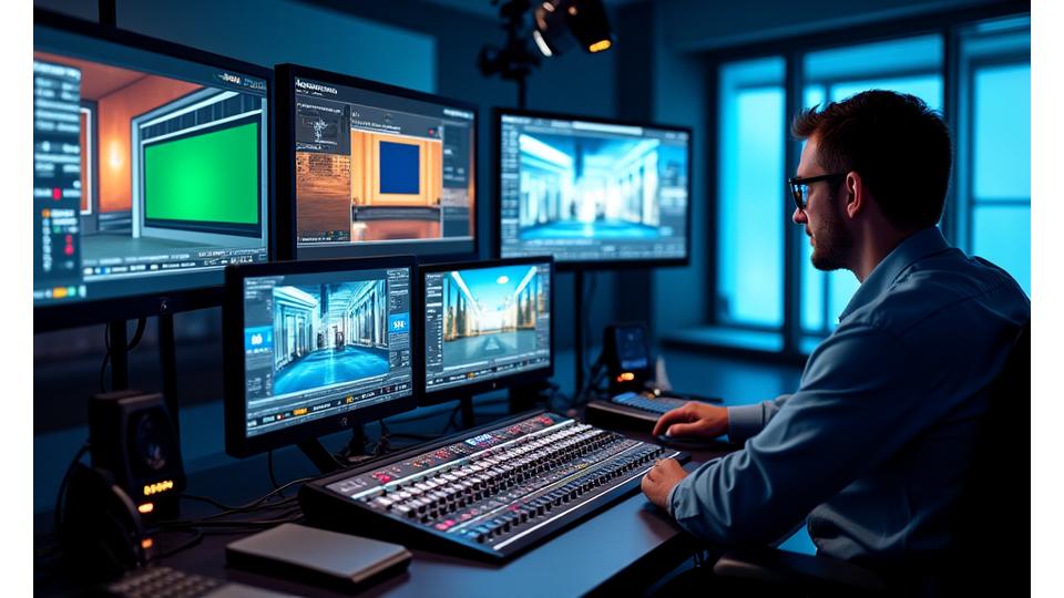 Régie broadcast avec plusieurs écrans, affichant des overlays graphiques, des 'lower thirds' personnalisés et un moniteur pour fond vert. Un technicien ajuste les réglages sur une console.